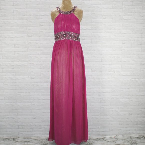 ADRIANNA PAPELL Gown Silk Prom Beaded Crystal Pleated Bodice Fuschia Size 12 - Picture 1 of 14